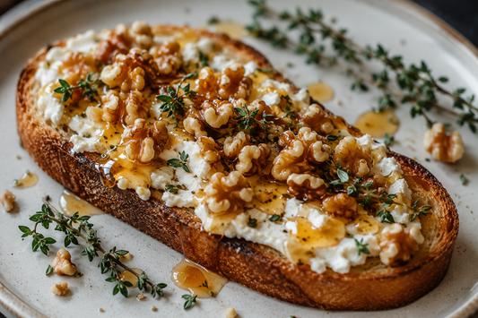 Hot Honey Toast with Goat Cheese, Walnuts and Thyme