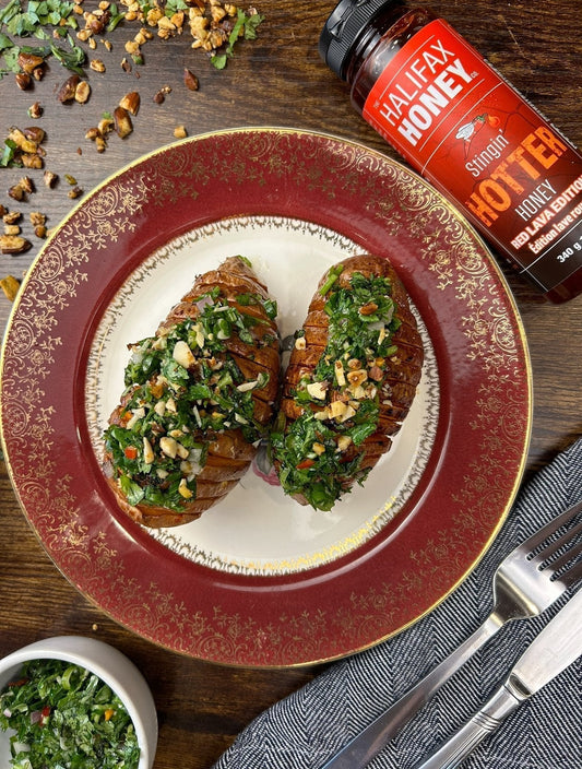 Hot Honey Hasselback Sweet Potato with ChimiChurri