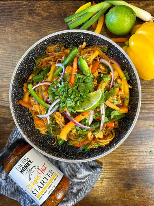 Spicy Chicken & Bell Peppers on Noodles